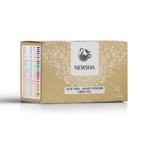 A gold box of Newsha Aloe Vera Honey Powder Green Tea, featuring a logo and colorful tea bag labels on the side. Contains 20 bags.