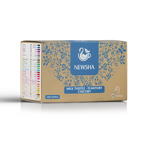 Box of herbal tea titled "Milk Thistle, Fumitory, Chicory" by Newsha. The design features blue floral patterns on a gold background. Contains 20 tea bags.
