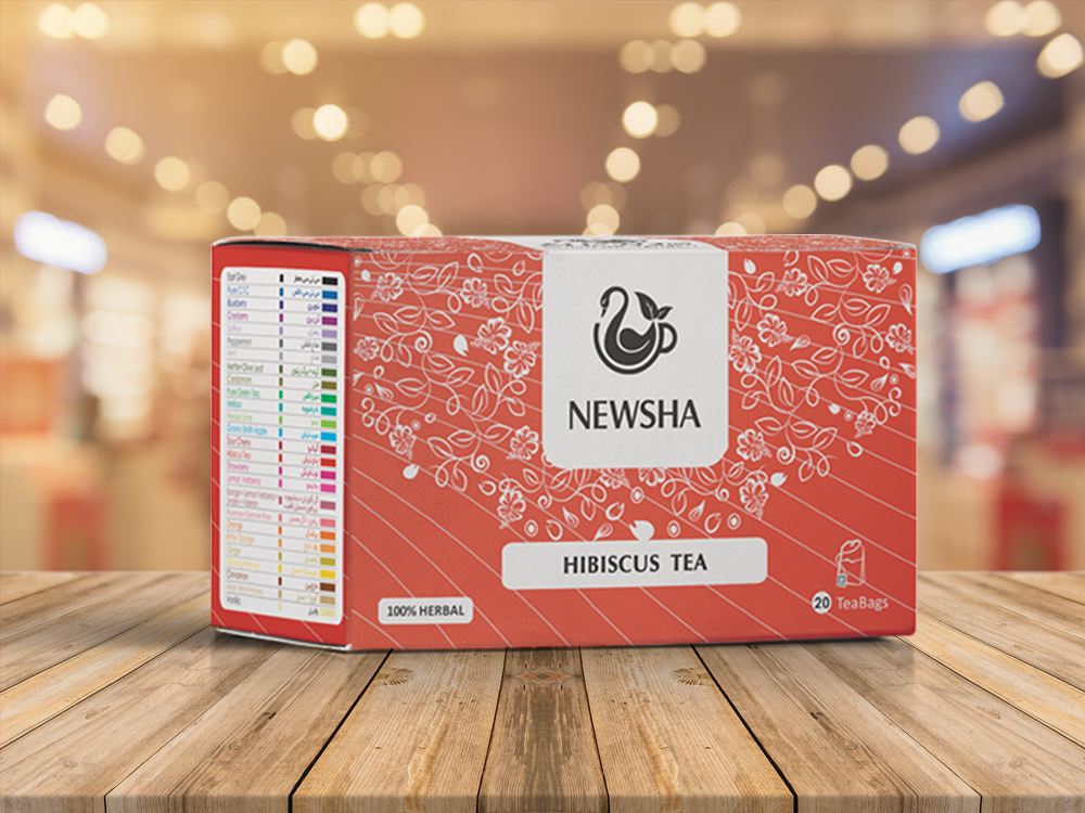 Red box of Newsha Hibiscus Tea featuring white floral patterns and the Newsha logo. Labeled "100% Herbal," contains 20 tea bags.