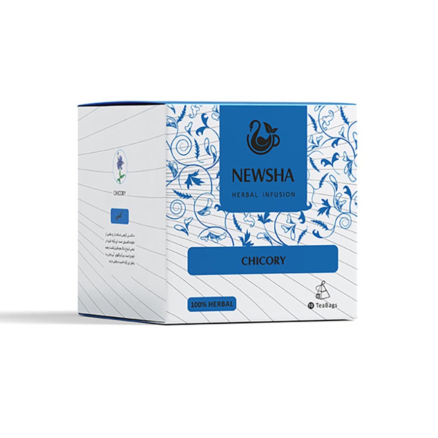 White and blue Newsha chicory herbal tea box. Elegant floral patterns overlay the front. Label reads "100% herbal."