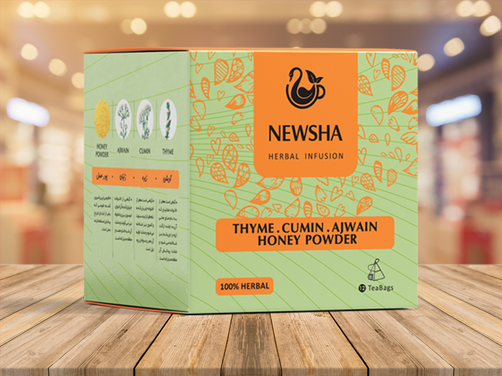 Packaging for Newsha Herbal Infusion labeled "Thyme, Cumin, Ajwain, Honey Powder." 