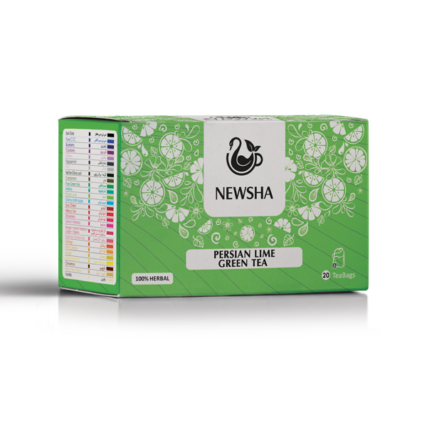 Green box of Persian Lime Green Tea by Newsha. Features floral lime design and text indicating 20 herbal tea bags.