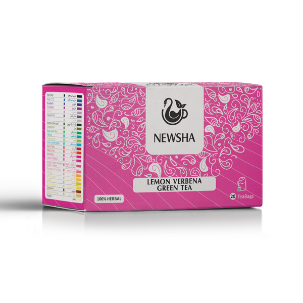 Pink box of Newsha Lemon Verbena Green Tea ,contains 20 tea bags, labeled 100% herbal.