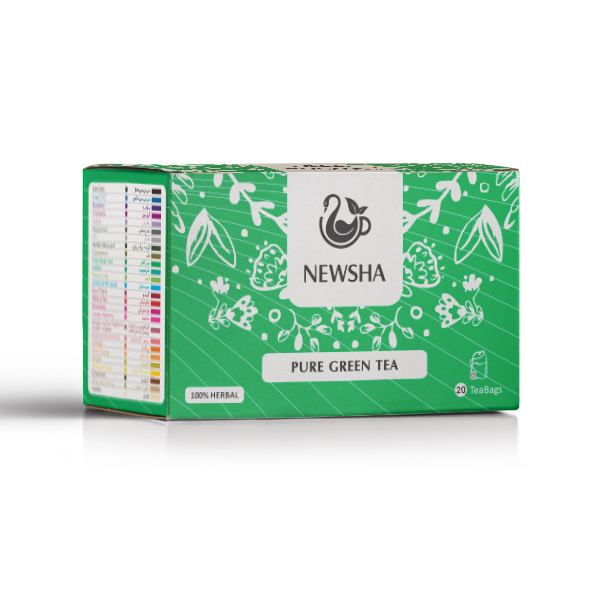 Green box of Newsha Pure Green Tea with floral designs, labeled "100% Herbal" and "20 Tea Bags." 
