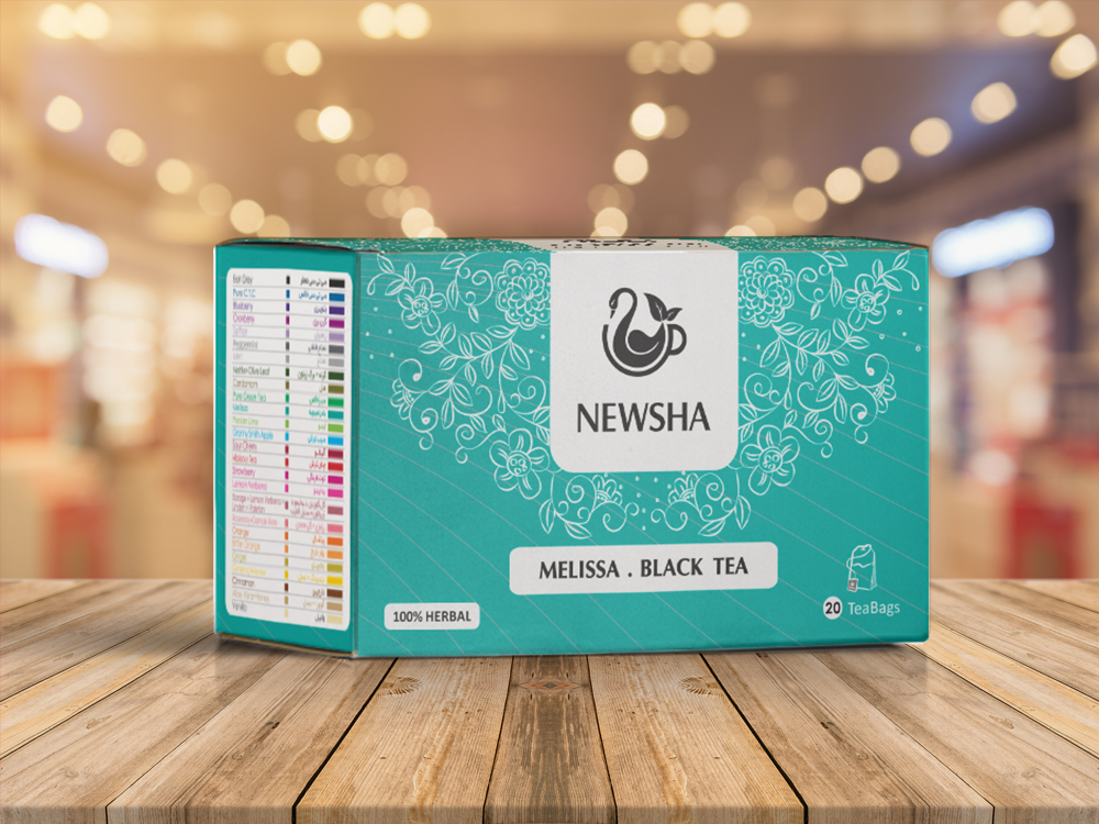 Box of Newsha Melissa Black Tea features floral patterns on a turquoise background. Includes brand logo, "100% Herbal" label, and 20 tea bags icon.