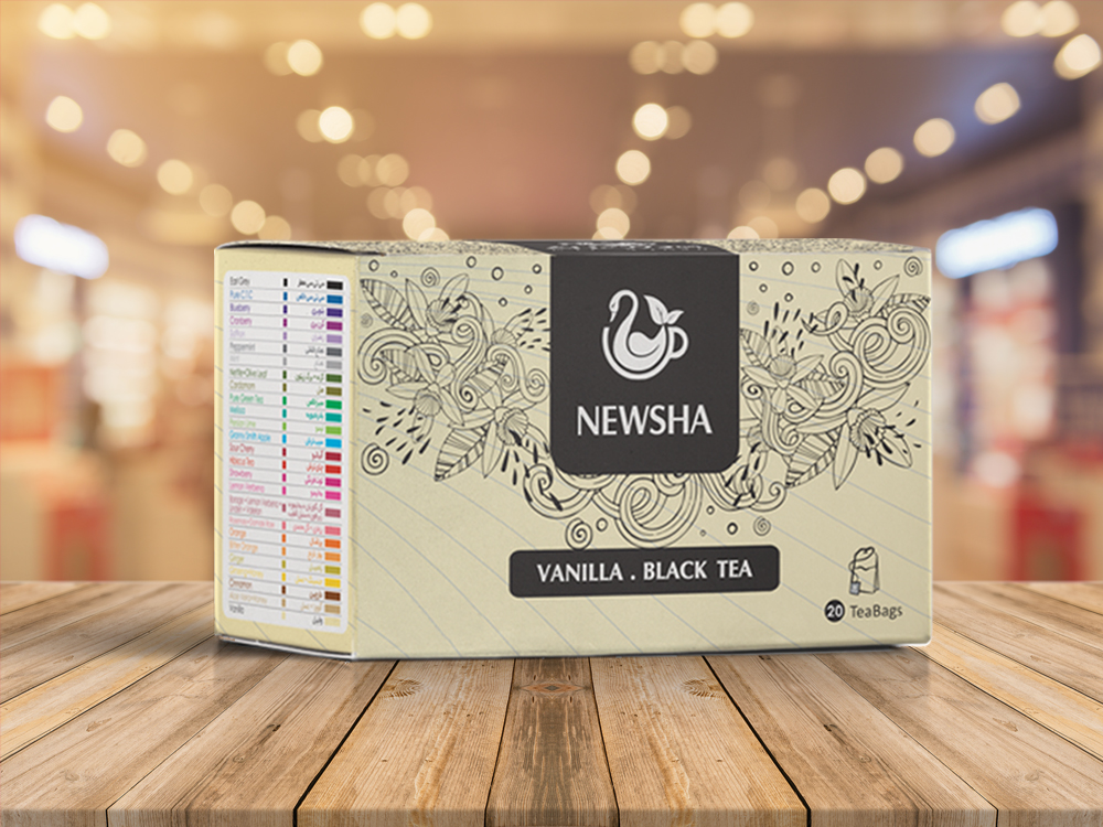 Box of Newsha Vanilla Black Tea.Front label reads "Vanilla . Black Tea" with 20 tea bags inside.