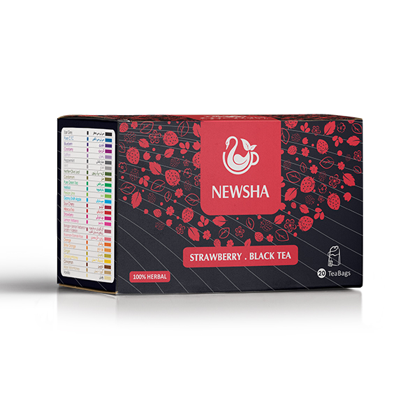 Box of Newsha Strawberry Black Tea, featuring red berry illustrations on a dark background. Labeled "100% Herbal" with 20 tea bags inside.