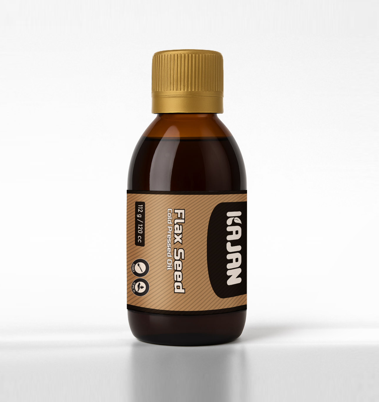 Brown glass bottle of KAJAN Flax Seed Oil, labeled 100% pure, with a white cap and a sleek design, set against a white background.