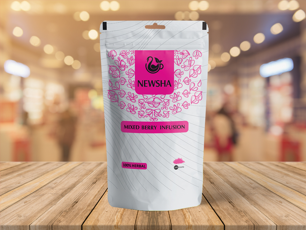A white bag featuring pink text  "NEWSHA MIXED BERRY INFUSION 100% HERBAL."