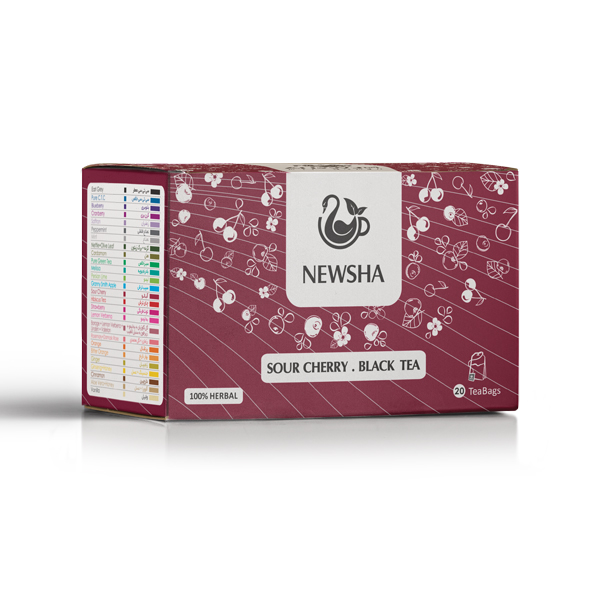 Maroon tea box labeled "Newsha Sour Cherry Black Tea" with floral designs, a cup logo, and "100% Herbal." Contains 20 tea bags.
