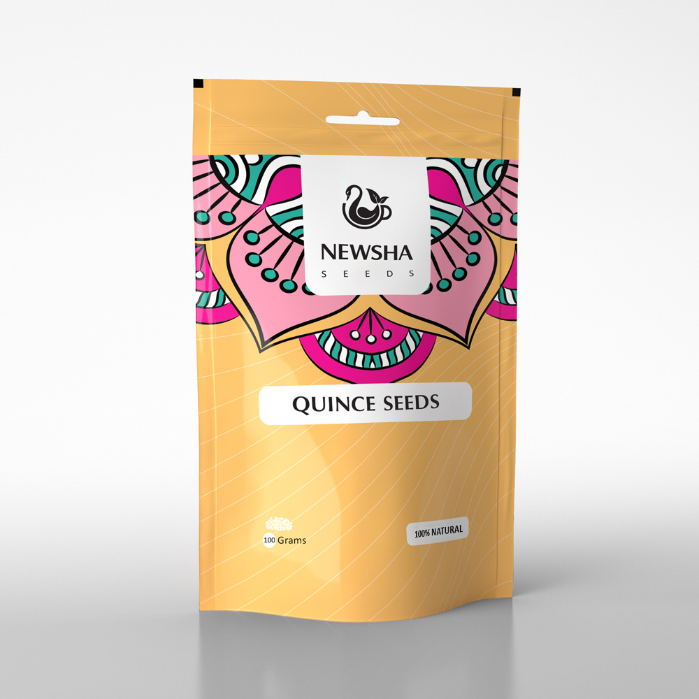 Yellow packaging labeled "Quince Seeds" by Newsha Seeds, featuring vibrant decorative patterns.