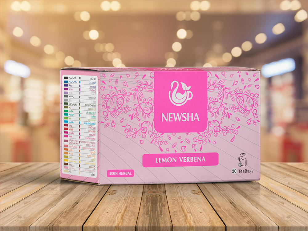 Pink box of lemon verbena tea with floral designs. "NEWSHA" logo on front, labeled as 100% herbal, contains 20 tea bags. 