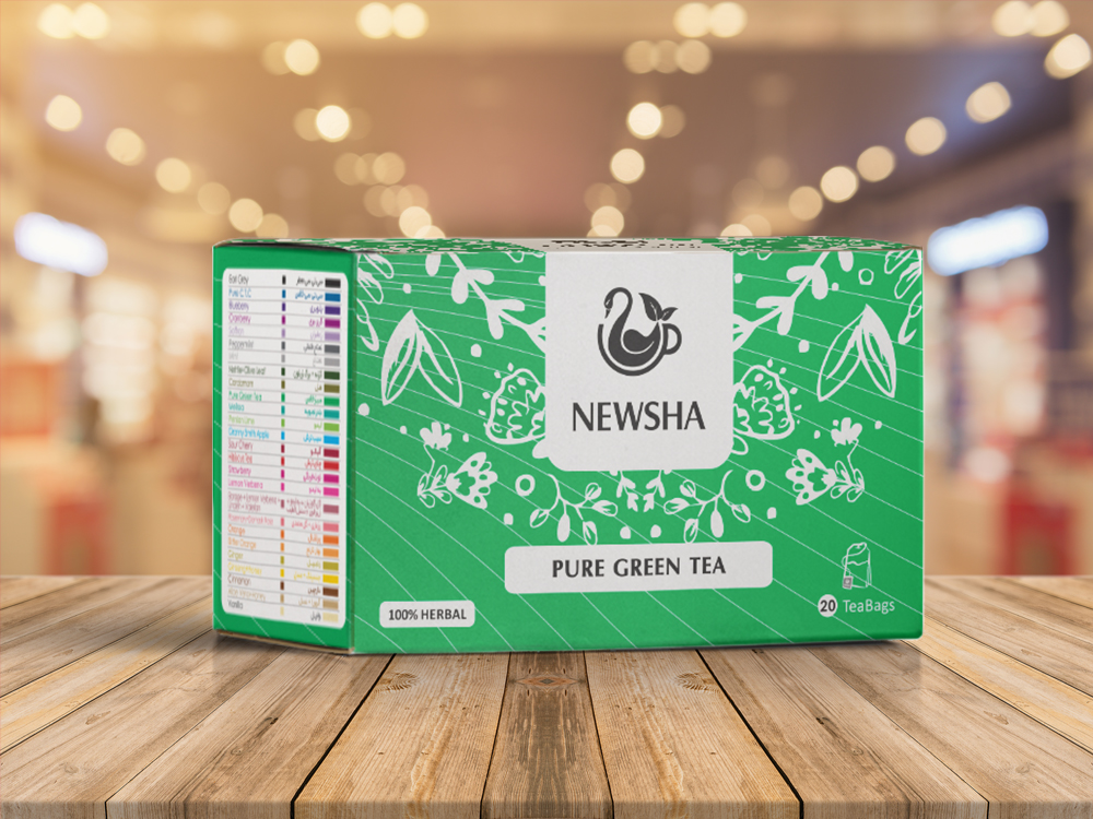 Green box of Newsha Pure Green Tea with floral designs, labeled "100% Herbal" and "20 Tea Bags." 