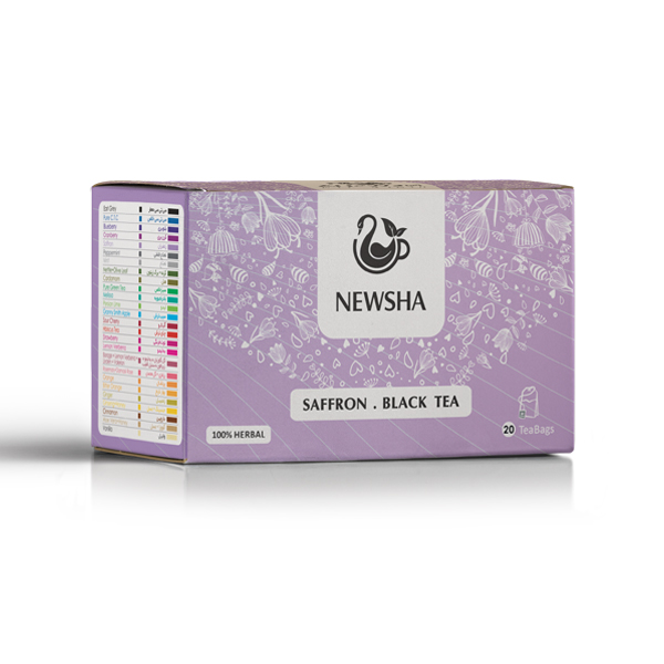 Purple box of Newsha saffron black tea with floral designs. Label reads "100% Herbal," and contains 20 tea bags.