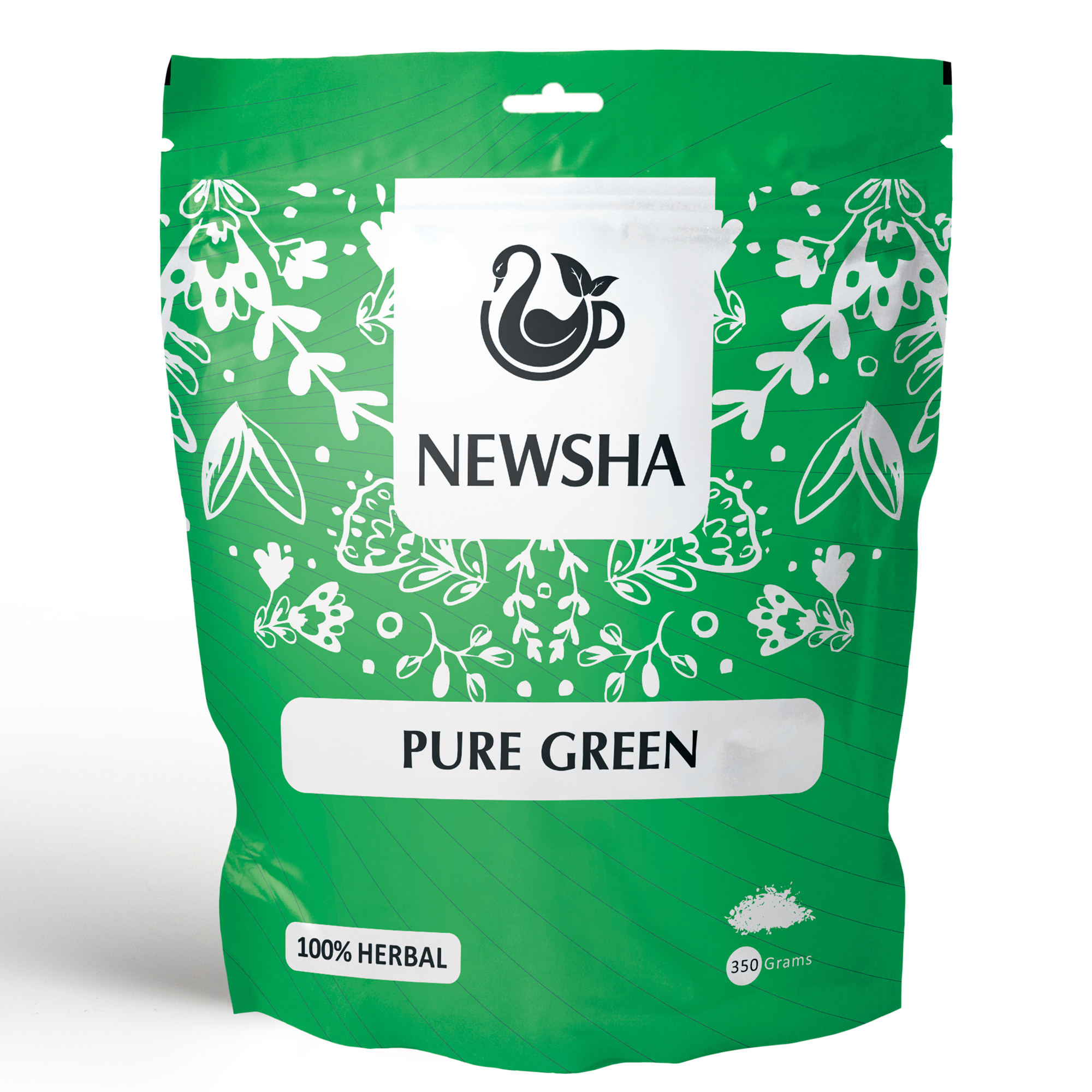 A green bag featuring white text and a logo, labeled "NEWSHA PURE GREEN 100% HERBAL 250 Grams."