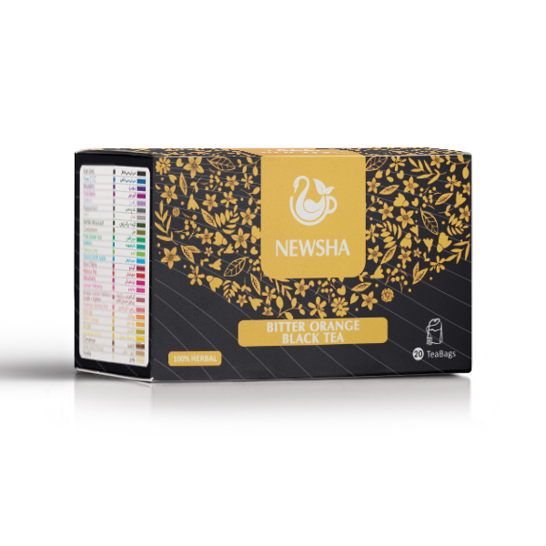 Box of Newsha Bitter Orange Black Tea, featuring a black and gold floral design. The packaging highlights "100% Herbal" and contains 20 tea bags.