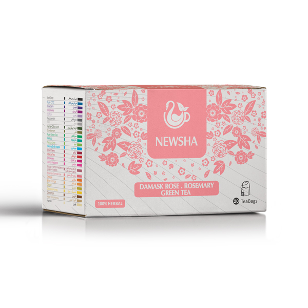 Box of Newsha Damask Rose and Rosemary Green Tea with pink floral design. The front displays the brand logo, tea type, and quantity of 20 tea bags.
