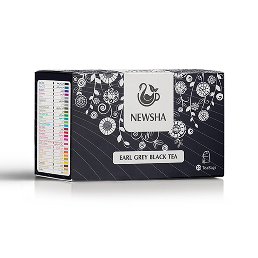 Black tea box labeled "Earl Grey Black Tea" from Newsha. Features floral designs and a logo of a steaming cup. Contains 20 tea bags. Elegant and modern design.