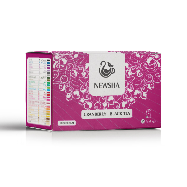 A purple box of Newsha Cranberry Black Tea featuring a tea cup logo, labeled "100% Herbal" and containing 20 tea bags.