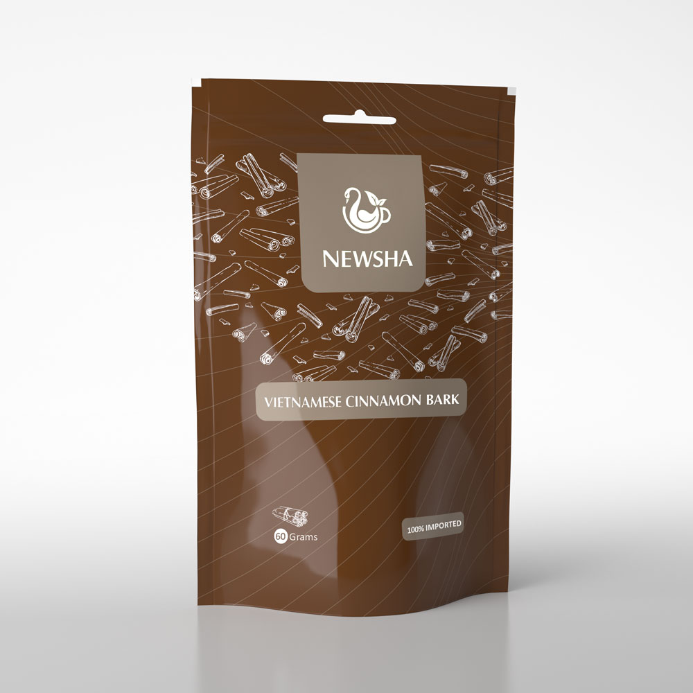 A brown packaging  with a design, labeled "NEWSHA VIETNAMESE CINNAMON BARK 60 Grams 100% IMPORTED."