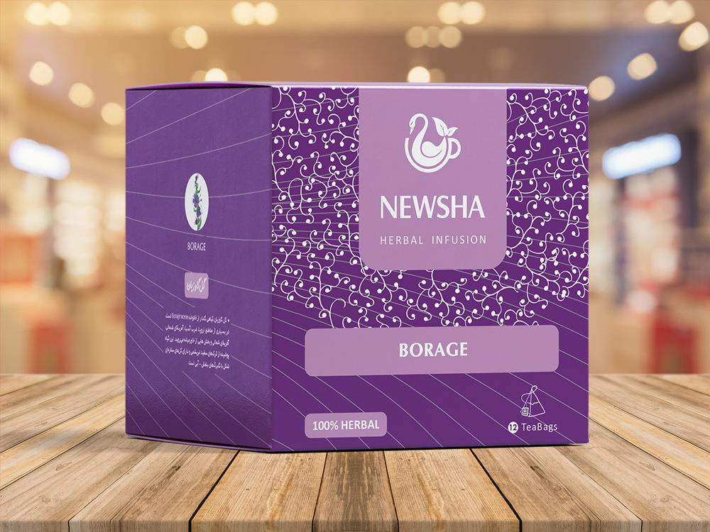Purple box of Newsha Borage Herbal Infusion tea. The packaging conveys a calming, natural tone with "100% Herbal" noted.