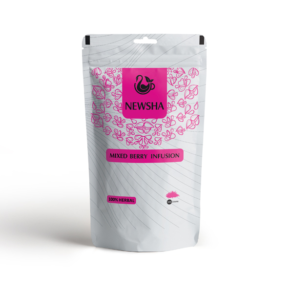 A white bag featuring pink text  "NEWSHA MIXED BERRY INFUSION 100% HERBAL."