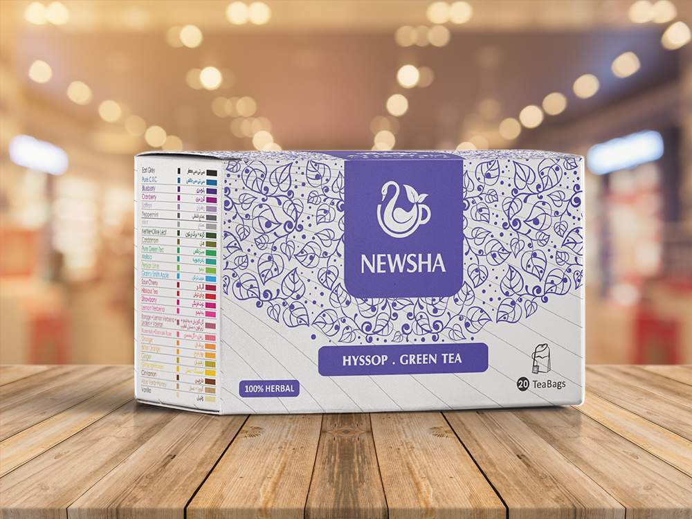 Packaging for Newsha Hyssop Green Tea with 20 bags. The box features elegant purple leaf patterns and herbal labels
