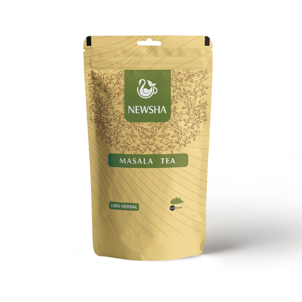 A package of NEWSHA MASALA TEA, featuring vibrant packaging with the text "100% HERBAL."