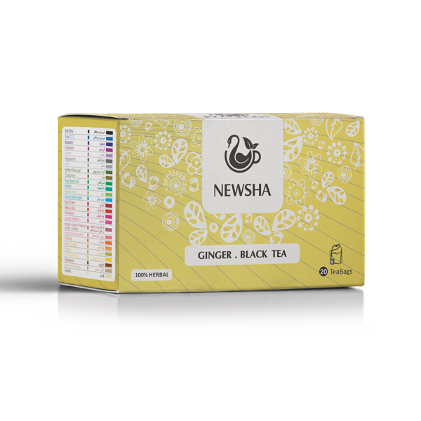 Yellow tea box with floral design, featuring "NEWSHA" logo. Labeled "Ginger Black Tea." Contains 20 herbal tea bags. 