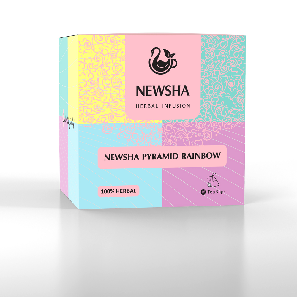 Colorful tea box with decorative swirls, labeled "Newsha Herbal Infusion" and "Pyramid Rainbow." 