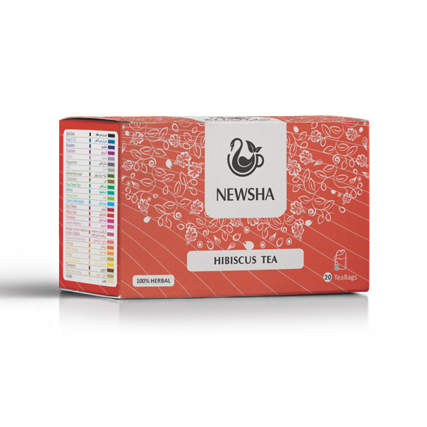 Red box of Newsha Hibiscus Tea featuring white floral patterns and the Newsha logo. Labeled "100% Herbal," contains 20 tea bags.