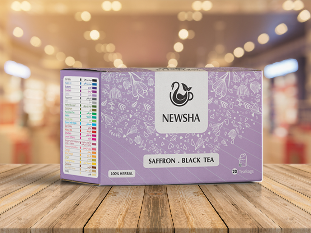 Purple box of Newsha saffron black tea with floral designs. Label reads "100% Herbal," and contains 20 tea bags.