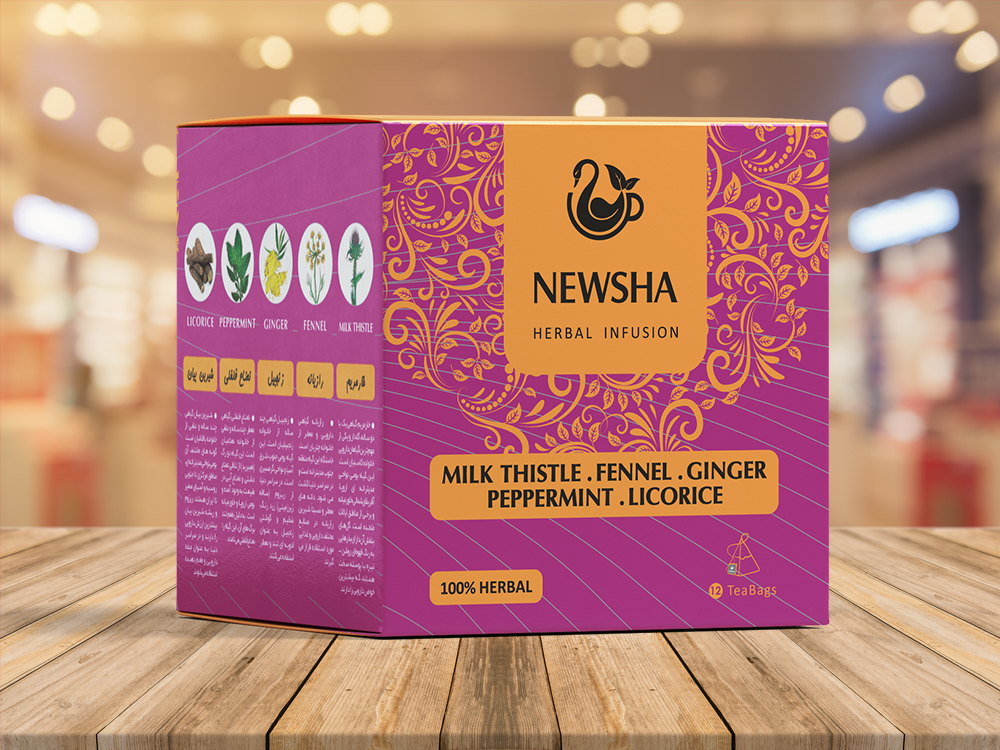 Purple herbal tea box with golden floral designs. Labeled "NEWSHA Herbal Infusion" featuring milk thistle, fennel, ginger, peppermint, and licorice.