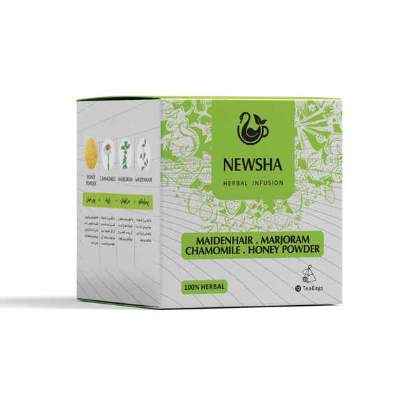 Green and white box of Newsha herbal infusion tea, featuring designs of honey powder, chamomile, and herbs.