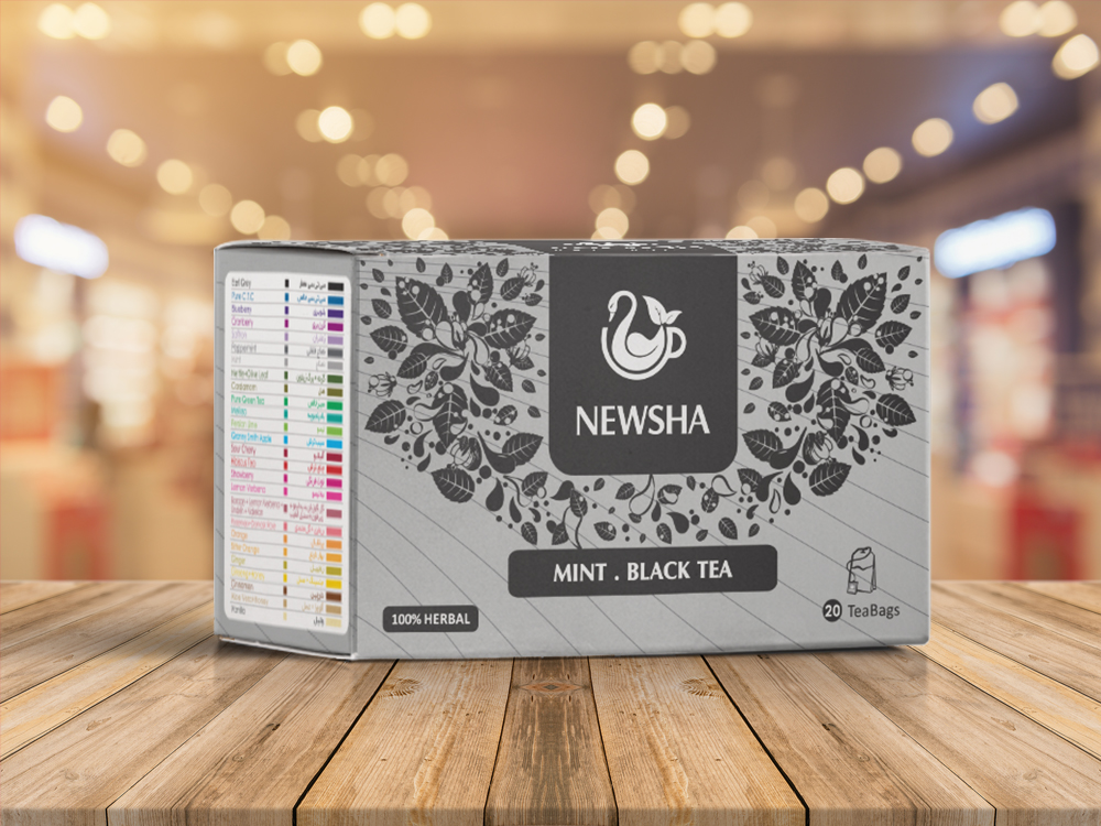 Box of Newsha Mint Black Tea with a gray design featuring a teacup logo, floral patterns, and "100% Herbal" label; contains 20 tea bags.