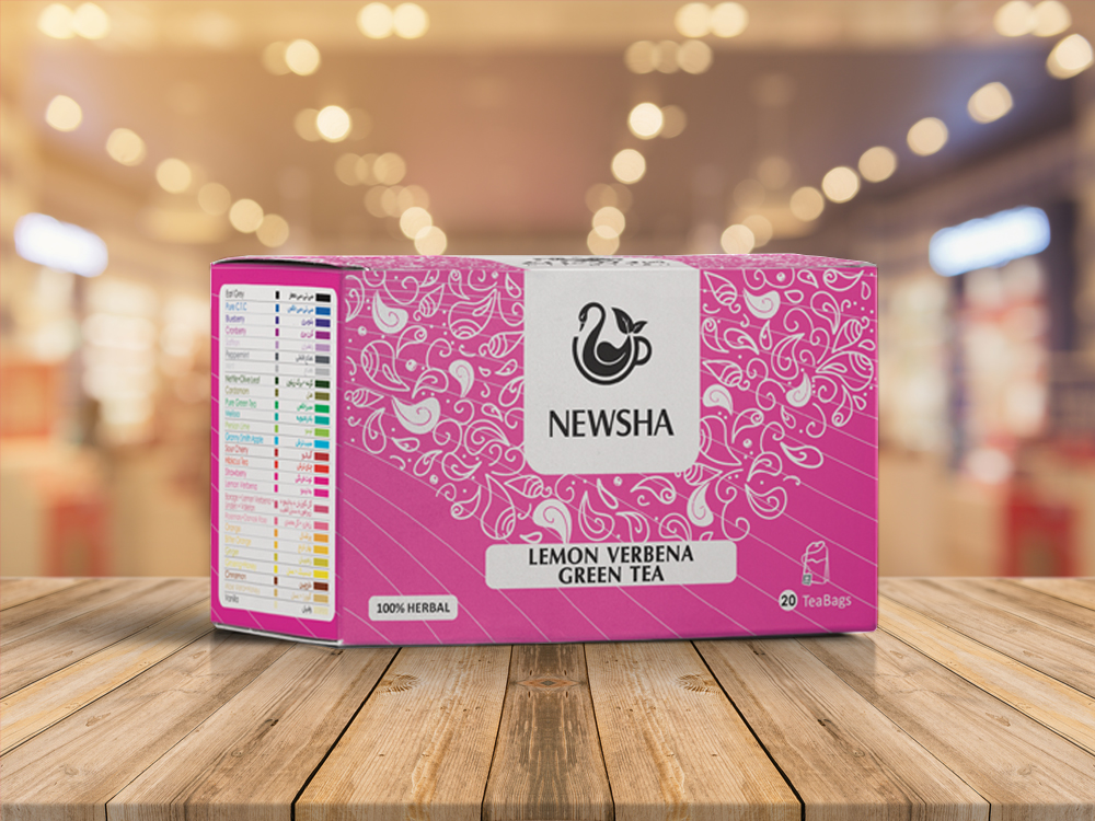 Pink box of Newsha Lemon Verbena Green Tea ,contains 20 tea bags, labeled 100% herbal.