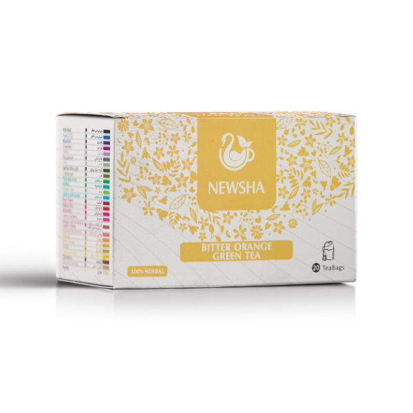 Box of Newsha Bitter Orange Green Tea with a yellow floral design and white background. Contains 20 tea bags, labeled 100% herbal on the front.