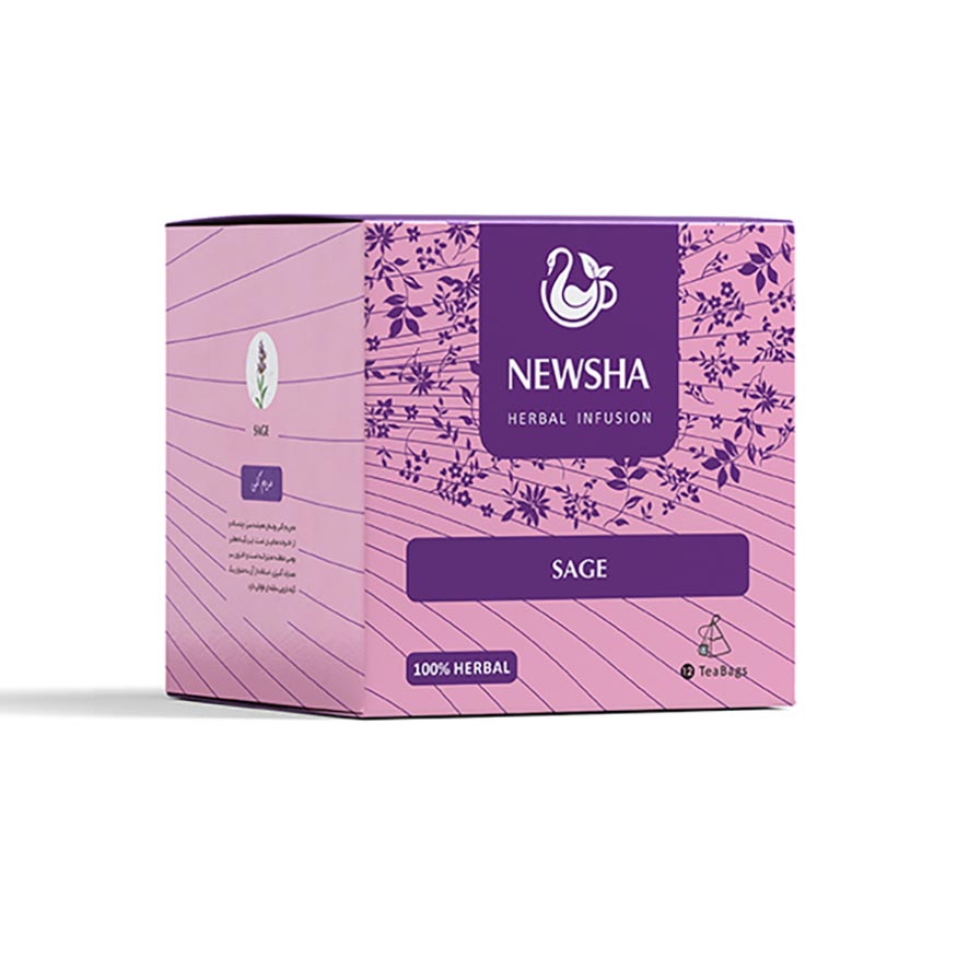 Purple and pink box of Newsha Sage Herbal Infusion with floral design. Includes "100% Herbal" and "Tea Bags" icons.