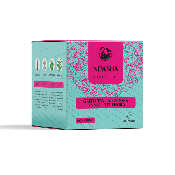 Turquoise and pink box of Newsha herbal tea featuring green tea, aloe vera, fennel, and ziziphora. Decorative floral design adds elegance.