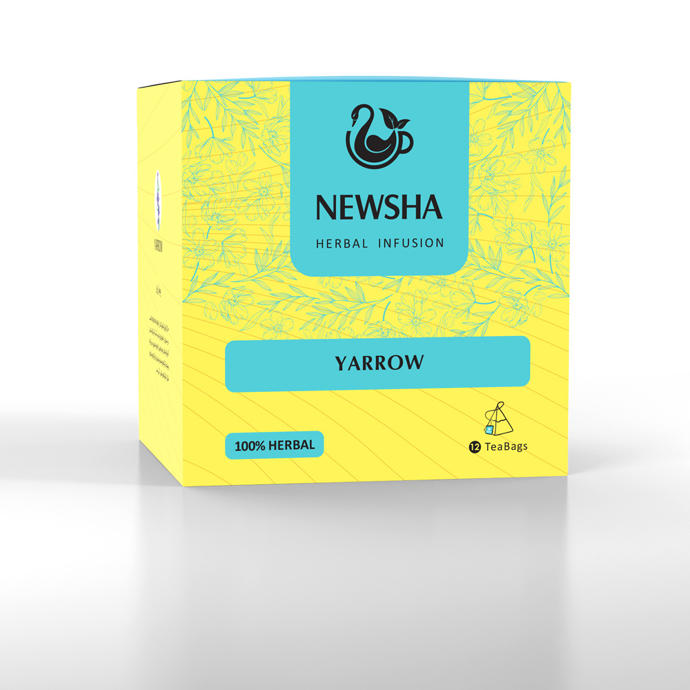 Yellow tea box labeled "NEWSHA Herbal Infusion" with floral design. Contains 12 tea bags.