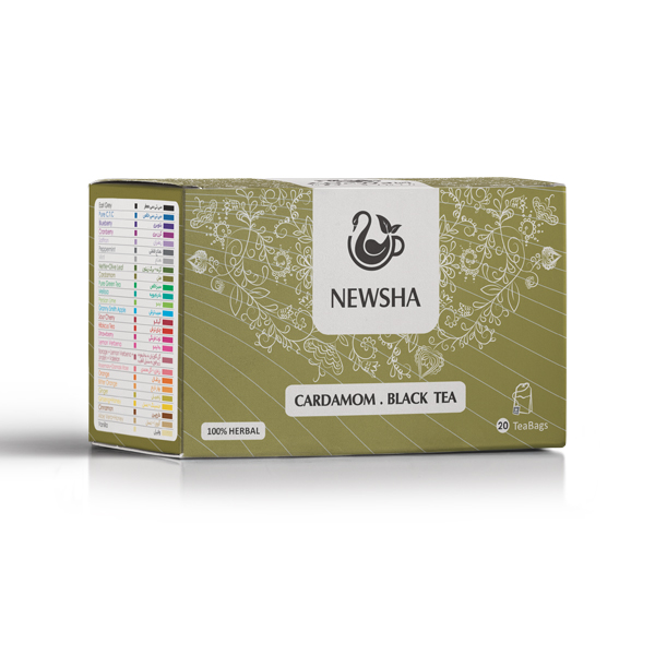 Box of Newsha Cardamom Black Tea with floral designs and a teacup logo. Features "100% Herbal" label, 20 teabags.