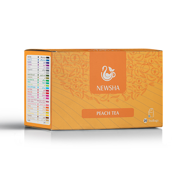 Orange box of Newsha Peach Tea with elegant patterns, a white logo of a teacup, and text. Contains 20 tea bags.