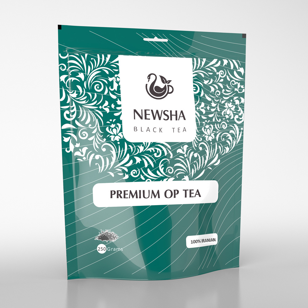 Teal and white tea package labeled "Newsha Black Tea." Features ornate leaf patterns, "Premium OP Tea," and a small "100% Iranian, 250 Grams" tag.