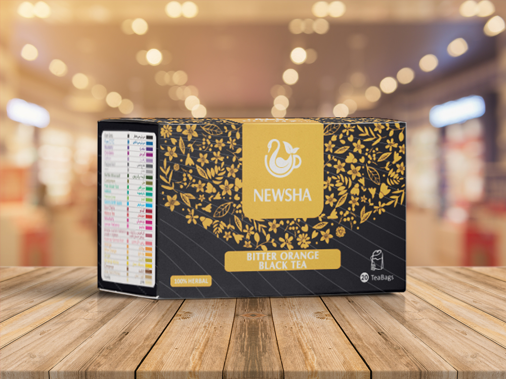 Box of Newsha Bitter Orange Black Tea, featuring a black and gold floral design. The packaging highlights "100% Herbal" and contains 20 tea bags.