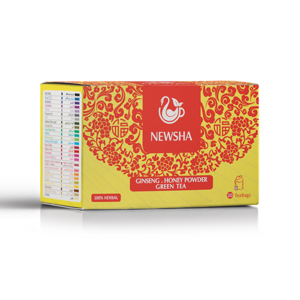 A box of NEWSHA GINSENG Honey Powder Green Tea featuring a design, containing 20 herbal tea bags.