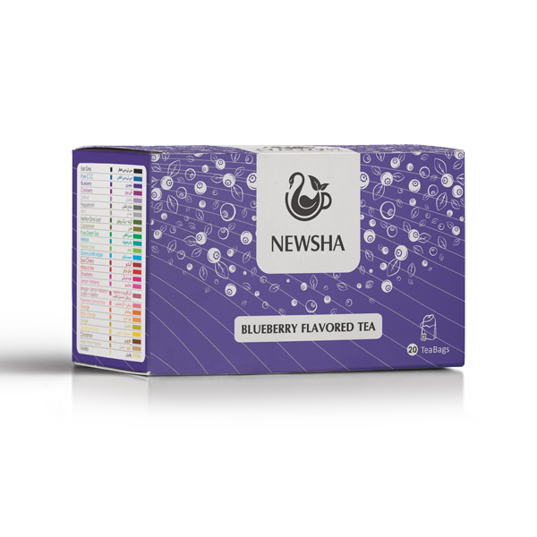 Box of Newsha blueberry flavored tea, featuring a purple design and containing 20 tea bags. Ingredient list on the side.