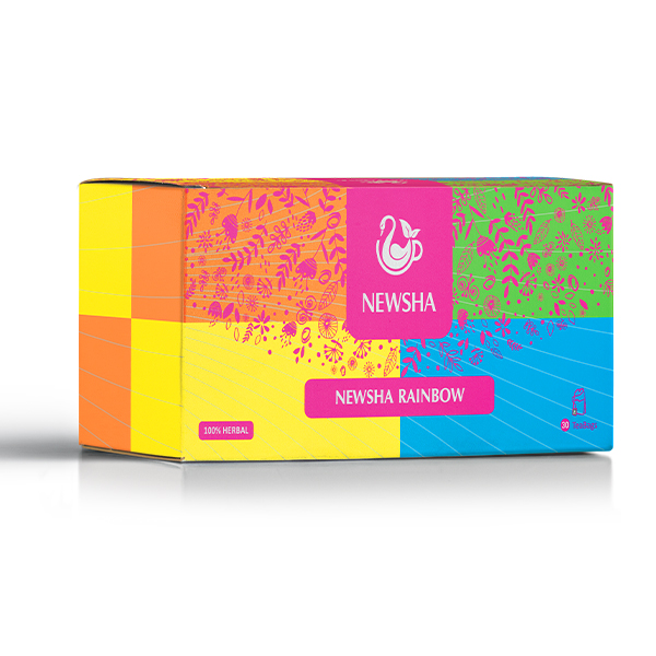 Colorful Newsha Rainbow tea box with vibrant sections of orange, yellow, pink, green, and blue.
