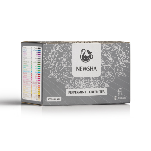 Gray box of Newsha peppermint green tea, decorated with white leaf patterns. Text: "100% herbal," "20 tea bags." Simple, elegant design.