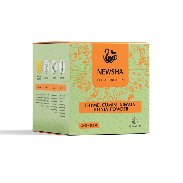 Packaging for Newsha Herbal Infusion labeled "Thyme, Cumin, Ajwain, Honey Powder." 