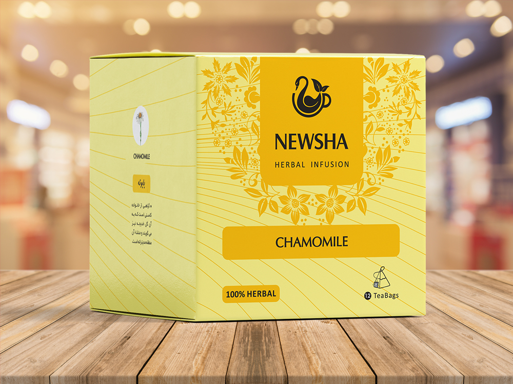 Yellow Newsha herbal infusion box for chamomile tea. Features floral design, bold branding, and label stating "100% Herbal"